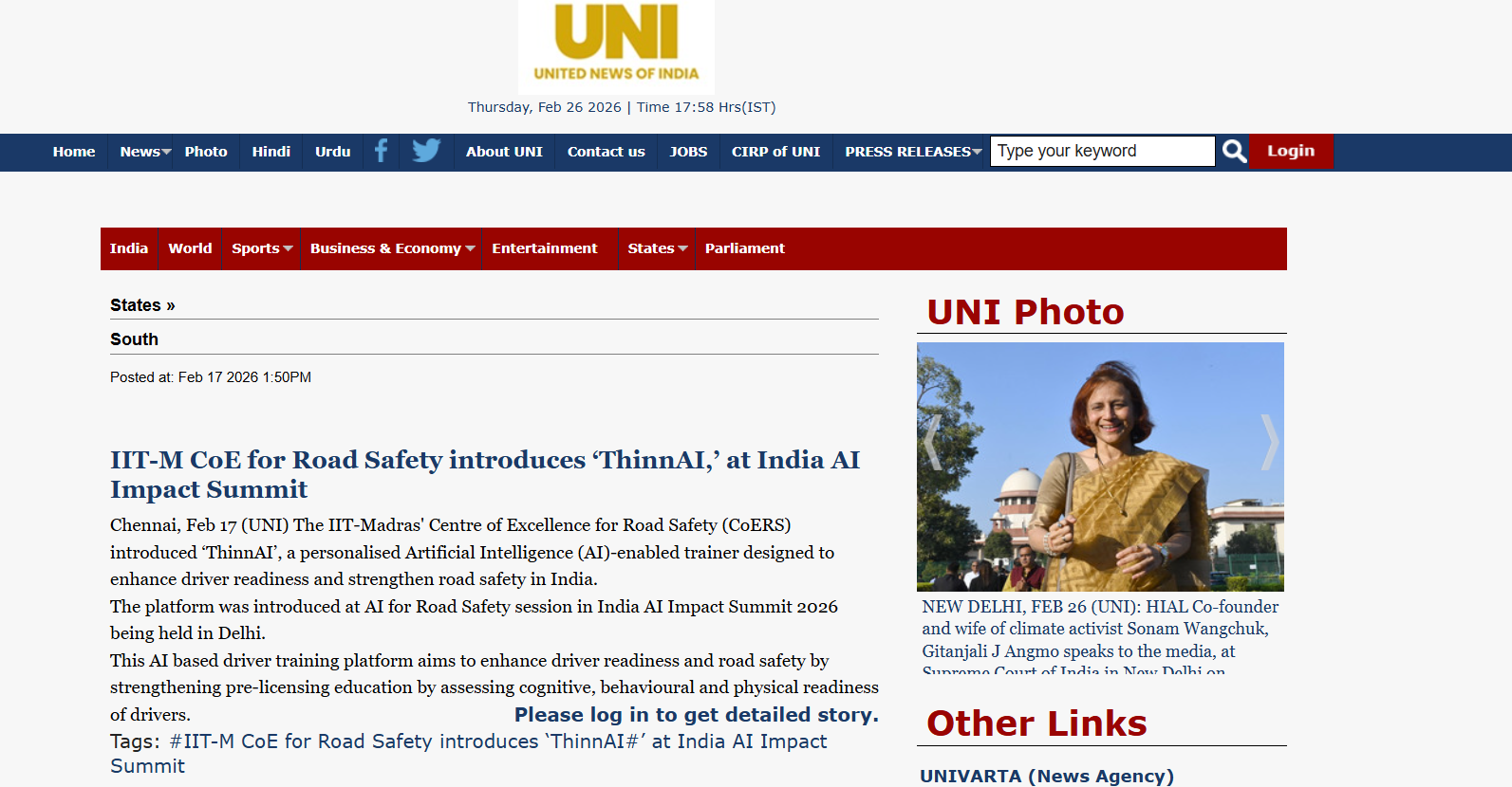 Indian Express clipping on AI for two-wheeler safety